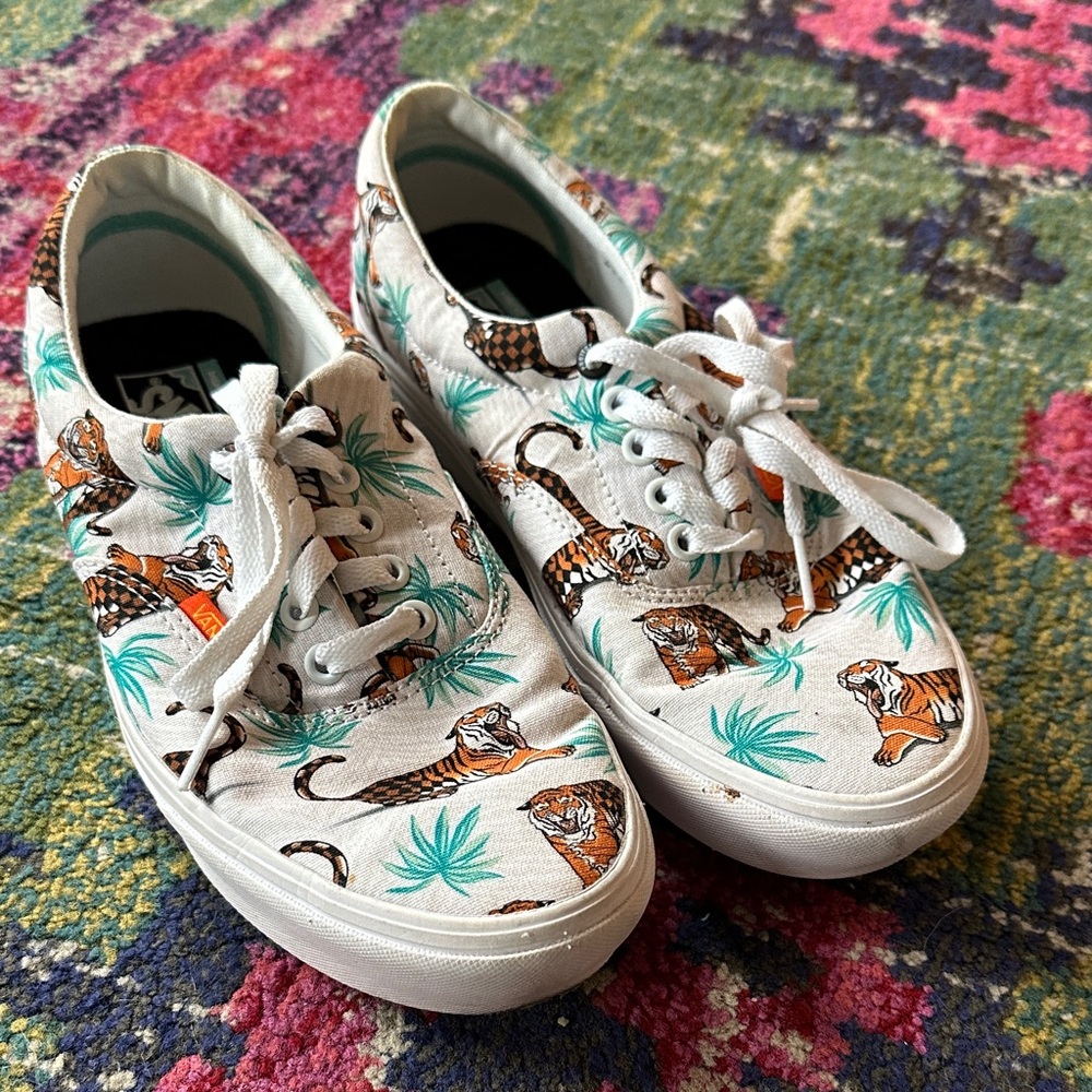 Vans Project Cat White Sneakers with Tiger and Leaf Print